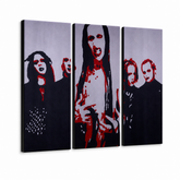 Dipinto a mano POP Art Marilyn Manson 3 pezzi mm – Visualizzazione 3D del quadro dipinto a mano su sfondo bianco. Colori dominanti: nero, rosso, bianco.