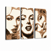 Dipinto a mano POP Art Marilyn MONROE 3 pezzi mon1 – Visualizzazione 3D del quadro dipinto a mano su sfondo bianco. Colori dominanti: beige, marrone, nero.