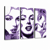 Dipinto a mano POP Art Marilyn MONROE 3 pezzi mon4 – Visualizzazione 3D del quadro dipinto a mano su sfondo bianco. Colori dominanti: viola, bianco, nero.