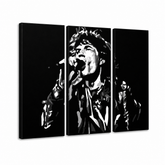 Dipinto a mano POP Art Mick Jagger 3 pezzi mick – Visualizzazione 3D del quadro dipinto a mano su sfondo bianco. Colori dominanti: nero, bianco, grigio.