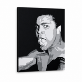 Dipinto a mano POP Art Muhamad Ali 1 pezzo ali – Visualizzazione 3D del quadro dipinto a mano su sfondo bianco. Colori dominanti: nero, grigio, bianco.