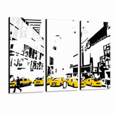 Dipinto a mano POP Art NEW YORK 3 pezzi 0107 nyc – Visualizzazione 3D del quadro dipinto a mano su sfondo bianco. Colori dominanti: giallo, nero, bianco.