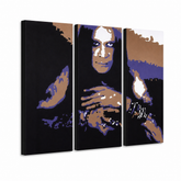 Dipinto a mano POP Art Ozzy Osbourne 3 pezzi Ozz – Visualizzazione 3D del quadro dipinto a mano su sfondo bianco. Colori dominanti: nero, viola, marrone, bianco, blu.