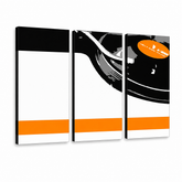 Dipinto a mano POP Art pittura DJ 3 pezzi dj5 – Visualizzazione 3D del quadro dipinto a mano su sfondo bianco. Colori dominanti: nero, arancione, bianco.
