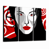 Dipinto a mano POP Art pittura Nizza DONNA 3 pezzi nwoman – Visualizzazione 3D del quadro dipinto a mano su sfondo bianco. Colori dominanti: nero, rosso, bianco.