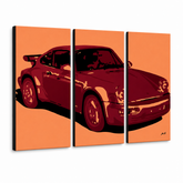 Dipinto a mano POP Art PORSCHE 911 3 pezzi por – Visualizzazione 3D del quadro dipinto a mano su sfondo bianco. Colori dominanti: arancione, rosso, nero.