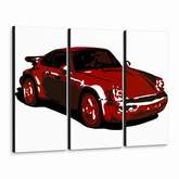 Dipinto a mano POP Art PORSCHE 911 3 pezzi por2 – Visualizzazione 3D del quadro dipinto a mano su sfondo bianco. Colori dominanti: rosso, nero, bianco.