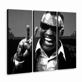 Dipinto a mano POP Art Ray Charles 3 pezzi rc – Visualizzazione 3D del quadro dipinto a mano su sfondo bianco. Colori dominanti: nero, bianco, grigio.