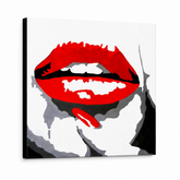 Dipinto a mano POP Art RED LIPS 1 pezzo mund – Visualizzazione 3D del quadro dipinto a mano su sfondo bianco. Colori dominanti: rosso, nero, bianco.