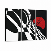 Dipinto a mano POP Art Scacchiera astratta 3 pezzi fl – Visualizzazione 3D del quadro dipinto a mano su sfondo bianco. Colori dominanti: nero, bianco, rosso.
