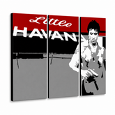 Dipinto a mano POP Art Scarface - AL PACINO 3 pezzi al39 – Visualizzazione 3D del quadro dipinto a mano su sfondo bianco. Colori dominanti: rosso, nero, grigio, bianco.