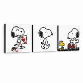 Dipinto a mano POP Art SNOOPY 3 pezzi snoopy – Visualizzazione 3D del quadro dipinto a mano su sfondo bianco. Colori dominanti: nero, rosso, giallo.