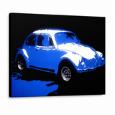 Dipinto a mano POP Art Volkswagen Beetle 1 parte k – Visualizzazione 3D del quadro dipinto a mano su sfondo bianco. Colori dominanti: blu, bianco, nero.