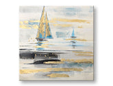 Papilora: Dipinto su tela 80x80 cm raffigurante barche in stile moderno, con texture materica e colori bianco, blu, oro e nero, visto in prospettiva 3D.