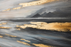Quadro dipinto a mano su tela con motivo CIELO, accenti dorati, paesaggio nei toni bianco-grigi, atmosfera serena, sensazione di lusso e natura – prodotto, vista 3