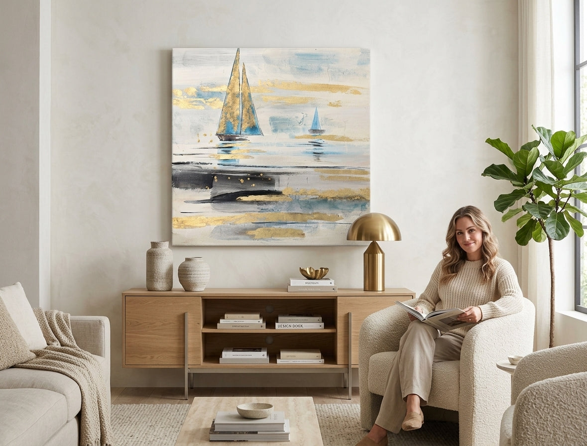 Quadro dipinto a mano da parete NAVE 80x80 cm – quadro dipinto a mano in un elegante interno (Modern coastal) | wall mockup | premium canvas | Papilora.sk