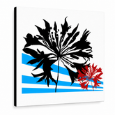 Fiore POP Art dipinto a mano 1 parte flo3 – Visualizzazione 3D del quadro dipinto a mano su sfondo bianco. Colori dominanti: nero, rosso, blu.