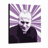 Immagine POP Art di Giovanni Paolo II dipinta a mano. 1 parte jp2 – Visualizzazione 3D del quadro dipinto a mano su sfondo bianco. Colori dominanti: viola, nero, bianco.