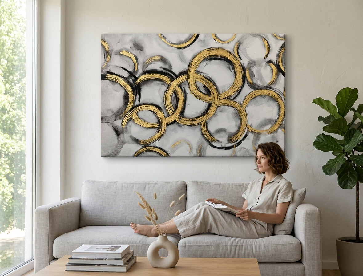 Quadro dipinto per parete ASTRATTO 90x60 cm – quadro dipinto a mano in un interno elegante (Bohemian warm) | mockup parete | tela premium | Papilora.sk