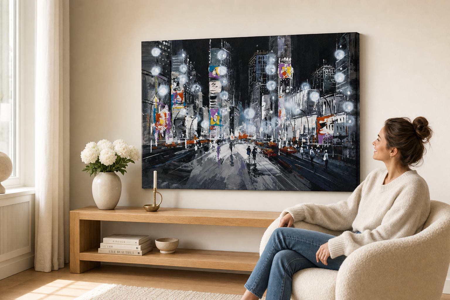 Quadro dipinto per parete CITTÀ 70x50 cm – quadro dipinto a mano in un interno elegante (Scandi cream) | wall mockup | tela premium | Papilora.sk
