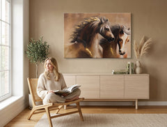 Quadro dipinto per parete CAVALLI 90x60 cm – quadro dipinto a mano in un interno elegante (Bohemian warm) | wall mockup | tela premium | Papilora.sk