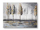 Dipinto a mano su tela, Papilora: alberi autunnali in grigio, nero e giallo.