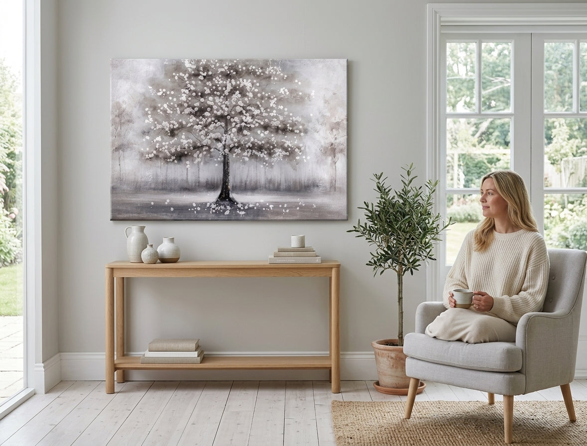 Quadro dipinto per parete ALBERO 90x60 cm – quadro dipinto a mano in un interno elegante (Mid-century warm) | wall mockup | tela premium | Papilora.sk