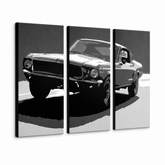 Pittura POP Art dipinta a mano BULLIT Bul in 3 parti – Visualizzazione 3D del quadro dipinto a mano su sfondo bianco. Colori dominanti: nero, bianco, grigio.