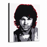 POP Art Jim Morrison dipinto a mano 1 pezzo jm – Visualizzazione 3D del quadro dipinto a mano su sfondo bianco. Colori dominanti: nero, bianco, grigio, rosso.