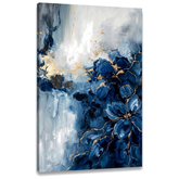 Quadro astratto con onde blu e dettagli oro su tela, visualizzazione 3D del telaio in legno, stile Premium Art di Papilora.