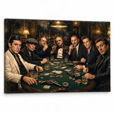Quadro iconico con 7 leggende del cinema mafioso al tavolo da poker, stampa premium su tela di cotone, design elegante firmato Papilora