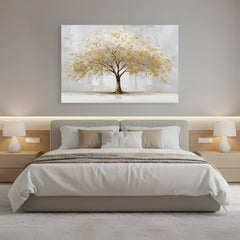 Quadro albero dorato in camera da letto sopra il letto