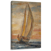 Visualizzazione 3D di un quadro con barca a vela al tramonto, tela di alta qualità con telaio in legno massiccio, stile Premium Art di Papilora.
