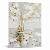 Quadro su tela con barca a vela solitaria su mare calmo, visualizzazione 3D con telaio in legno a vista, stile Premium Art by Papilora.