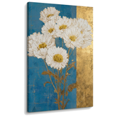 Quadro con bouquet di margherite bianche su tela: visualizzazione 3D del telaio in legno massiccio e finiture Premium Art di Papilora.