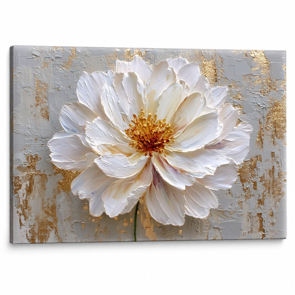 Quadro con fiore bianco su sfondo oro-grigio su tela