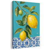 Quadro con motivo di limoni su tela – visualizzazione 3D del canvas con telaio in legno visibile, Papilora Premium Art.