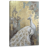 Quadro con pavone bianco su tela, visualizzazione 3D del telaio in legno massiccio, stile Premium Art di Papilora.