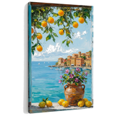 Quadro con vista sulla costa mediterranea con limoni su tela – visualizzazione 3D del canvas con telaio in legno visibile, Papilora Premium Art.