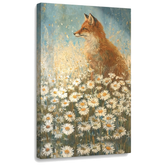 Quadro su tela con volpe rossa tra le margherite, visualizzazione 3D con telaio in legno visibile, stile Premium Art di Papilora.