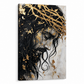 Ritratto di profilo di Gesù Cristo con corona di spine su tela, visualizzazione 3D del telaio in legno, stile sacro moderno, Papilora Premium Art.