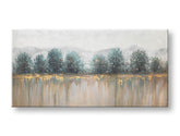 Quadro dipinto a mano Papilora su tela, motivo alberi e natura in tonalità bianco-blu, 140x70 cm, vista 3D frontale, atmosfera serena.