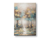 Quadro dipinto a mano su tela con motivo di alberi delicati nelle tonalità blu-oro – visualizzazione 3D della tela con telaio in legno visibile, Papilora.