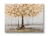Quadro Papilora dipinto a mano su tela, motivo ALBERO, in prospettiva 3D. Tonalità beige, grigie e dorate, dimensioni 120x90 cm, con texture materica visibile.