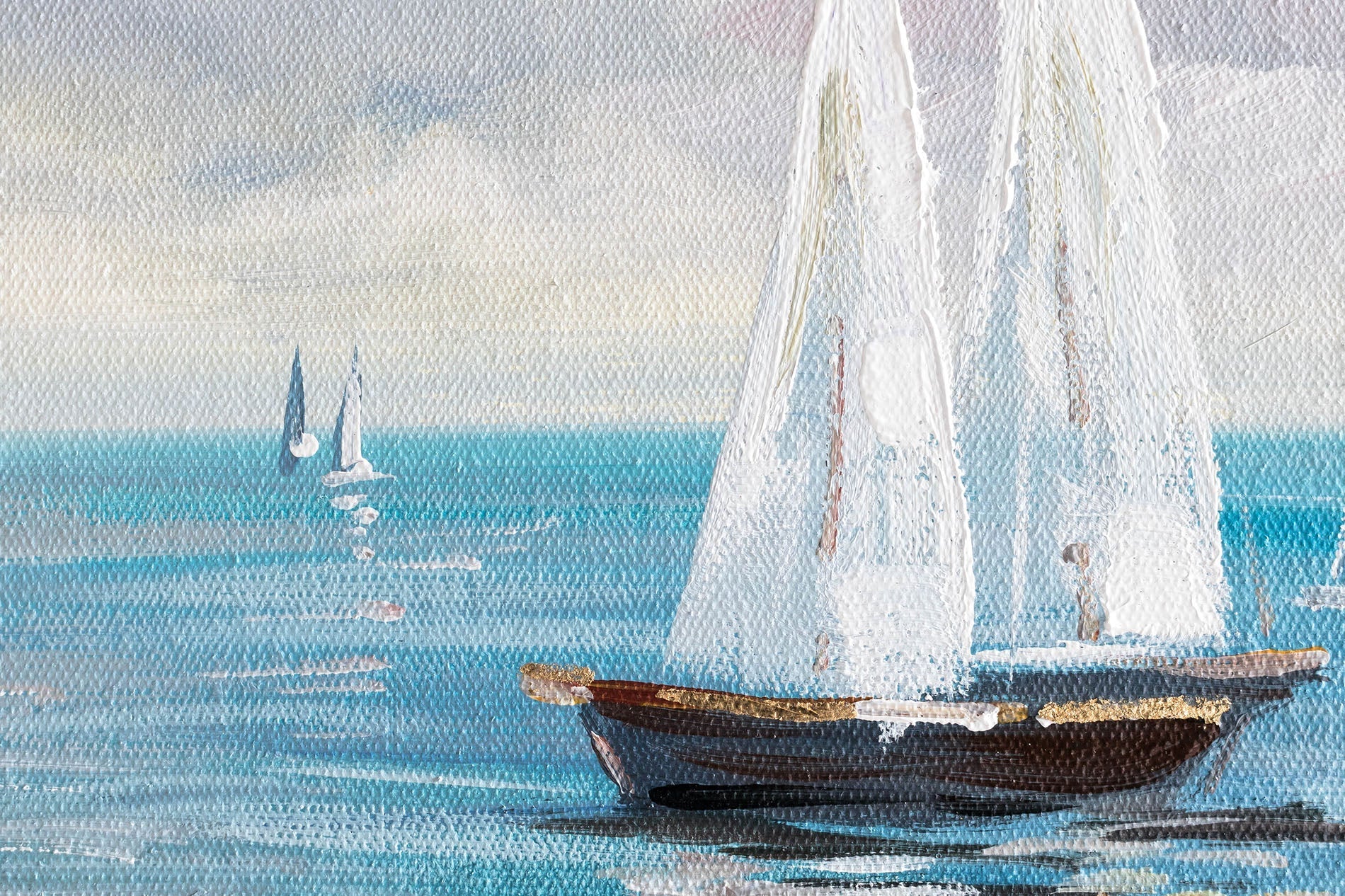 Quadro dipinto a mano su tela con motivo di NAVE, oceano, cielo, nuvole, paesaggio nei toni bianco-marrone, atmosfera serena, libertà e natura – prodotto, vista 2