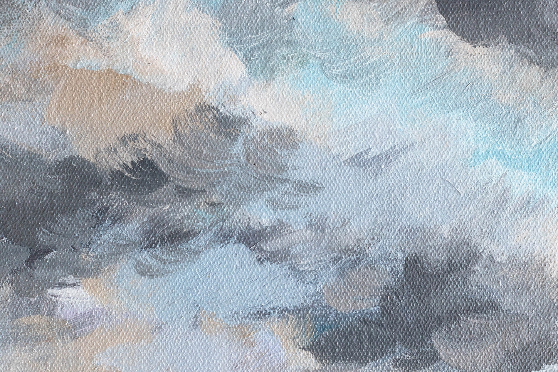Quadro dipinto a mano su tela con motivo di NAVE, oceano, cielo, nuvole, paesaggio nei toni bianco-marrone, atmosfera serena, libertà e natura – prodotto, vista 3