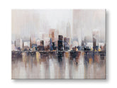 Quadro Papilora dipinto a mano 'Metropoli' 120x90 cm, vista 3D frontale. Dettagli vibranti di una città moderna con sfumature beige, marroni e oro.