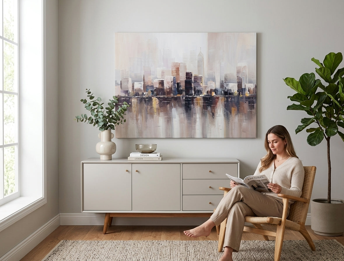 Quadro dipinto per parete CITTÀ 120x90 cm – quadro dipinto a mano in un interno elegante (Golden hour luxe) | wall mockup | tela premium | Papilora.sk