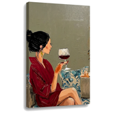 Quadro su tela donna con calice di vino, visualizzazione 3D con telaio in legno a vista, design moderno Papilora Premium Art.