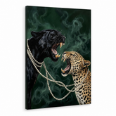 Quadro moderno con pantera nera e leopardo che si fronteggiano con collana di perle, stampa su tela di alta qualità con telaio in legno, stile Papilora.